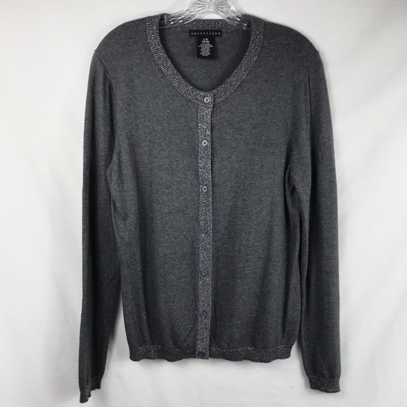 APOSTROPHE Charcoal Gray Cardigan Sweater w/Metallic Threaded Collar Womens L - Picture 1 of 5